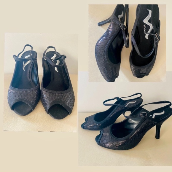 NWOT Nina Black Sequin Slingback Heels - Picture 1 of 8